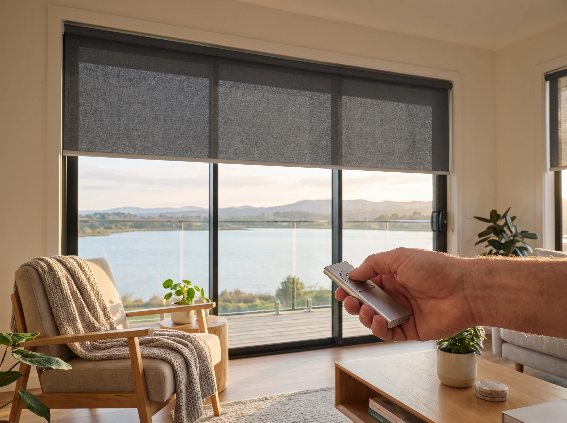 Hand holding a remote control to lower a motorised roller blind in a Sedgefield lagoon-view living room