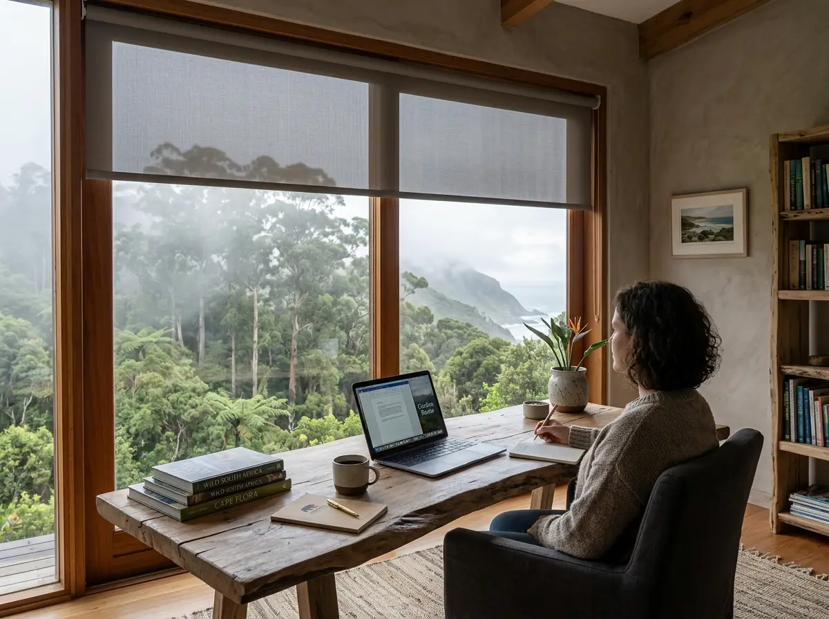 Grey sunscreen roller blinds partially lowered over study window overlooking misty forest and coastline, woman working at a rustic wooden desk