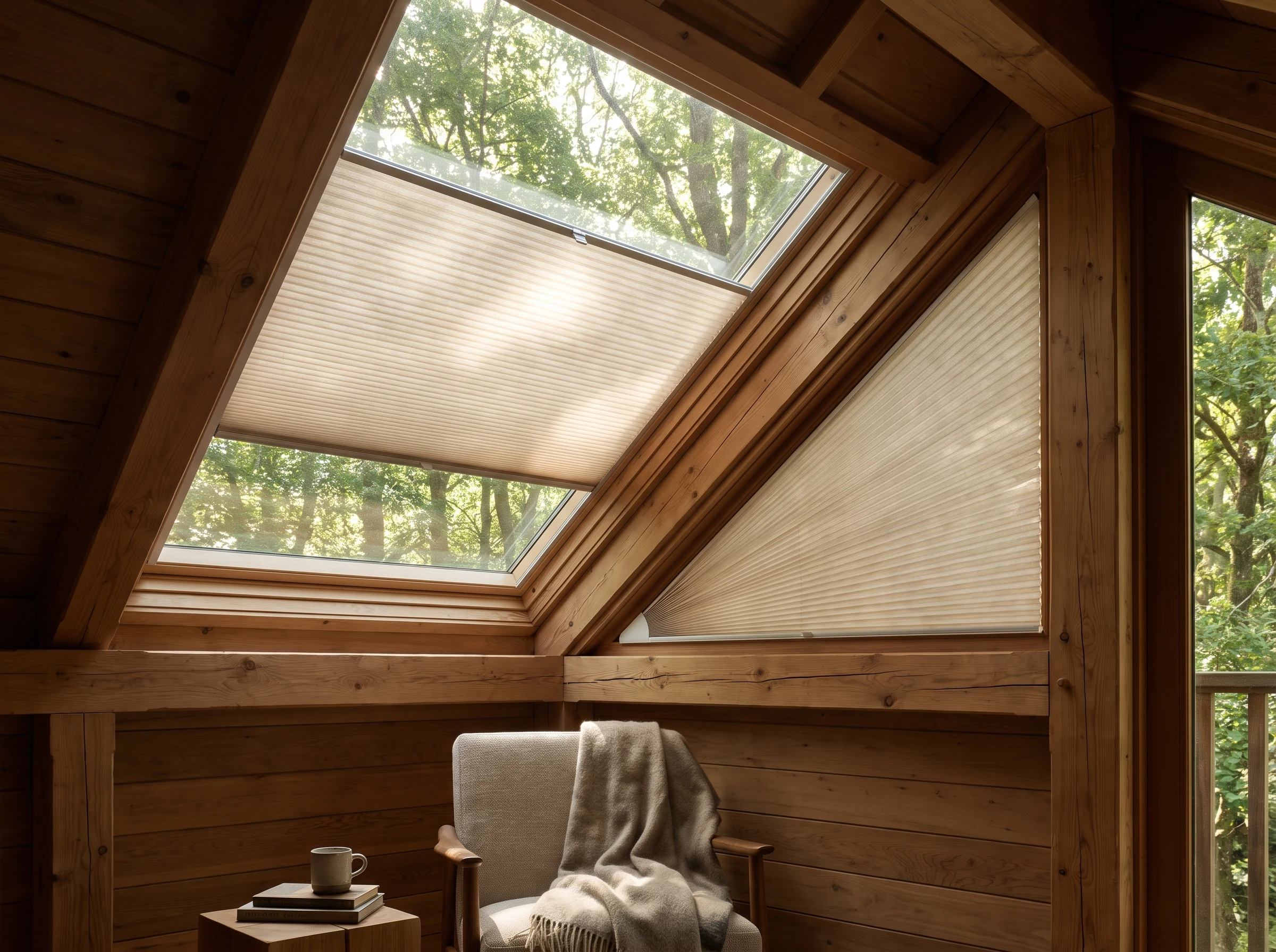 Shaped pleated blind fitted to an angled skylight in a Garden Route forest cabin