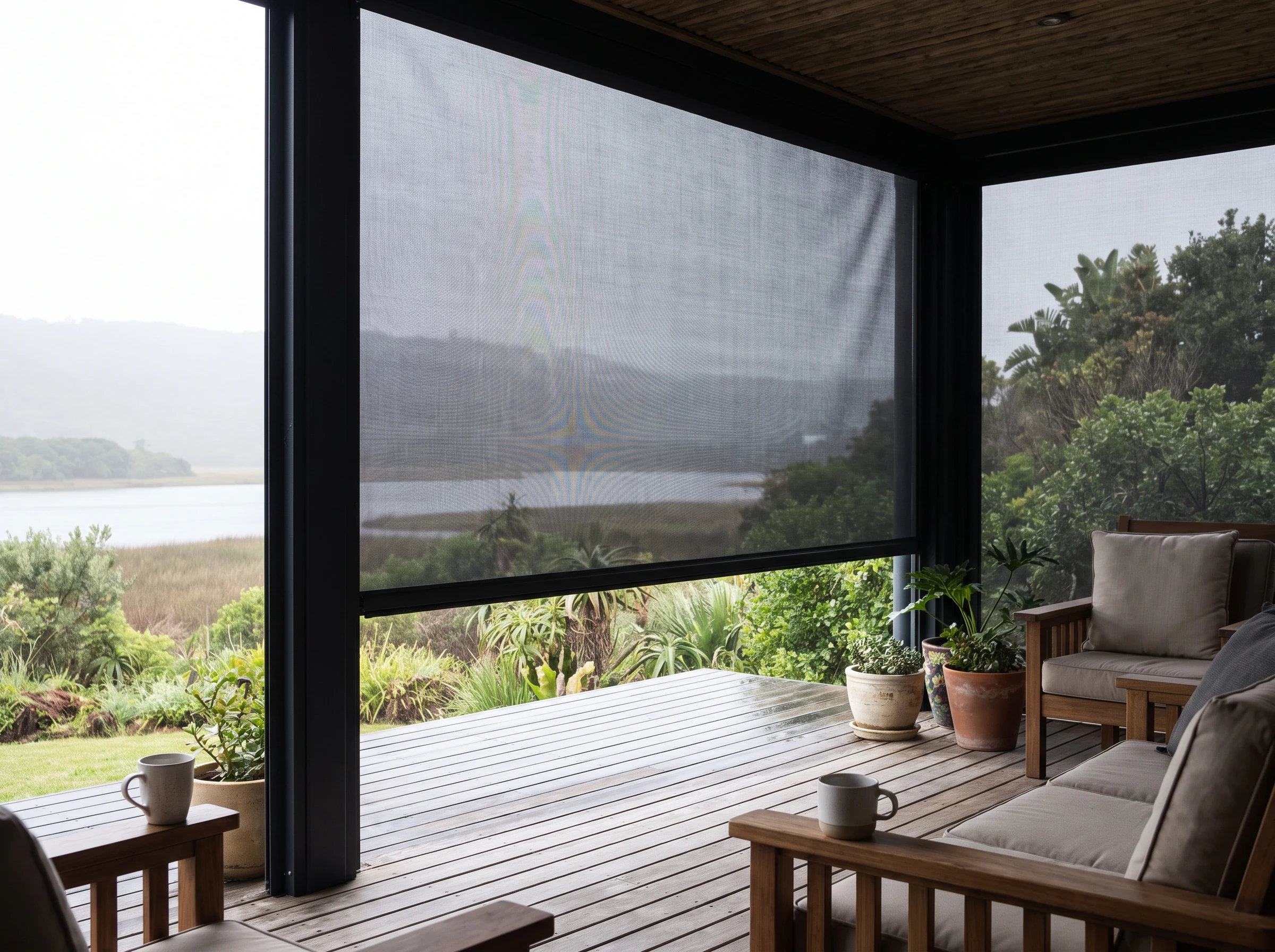 Zip-track outdoor screen blind lowered over a timber deck in Wilderness overlooking a misty lagoon